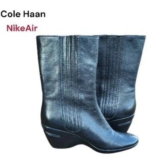 Cole Haan Nike Air Kiersten Black Leather Calf High Wedge Heel Boot Shoe Women 7 - Picture 11 of 12